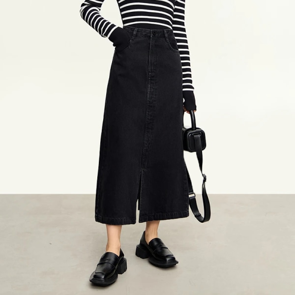 Minimalistisk 2023 höstnya svarta jeanskjolar Retro Basics Casual Office Dam Kvinna A-linje ankellång kjol 12343167 black XL