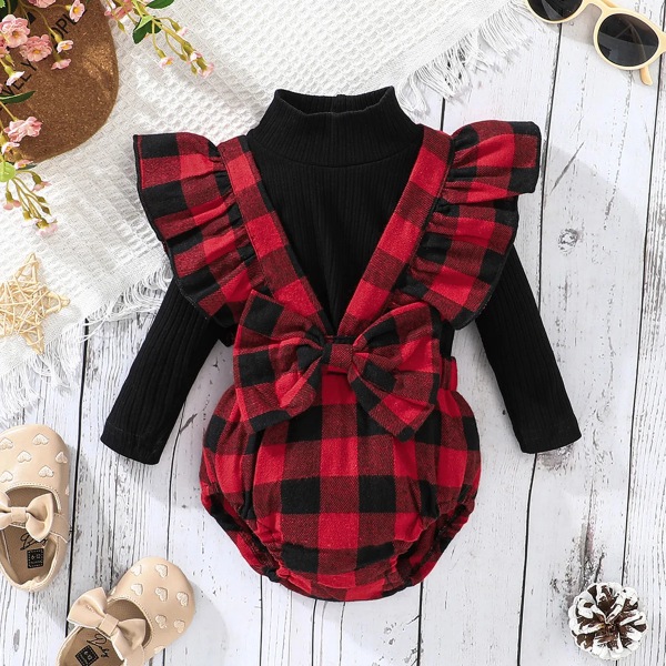 2st Baby Girl Massiv Ribbstickad Mock Neck Långärmad topp och röd pläd Ruffle Romper Romper Set redblack 6-9Months