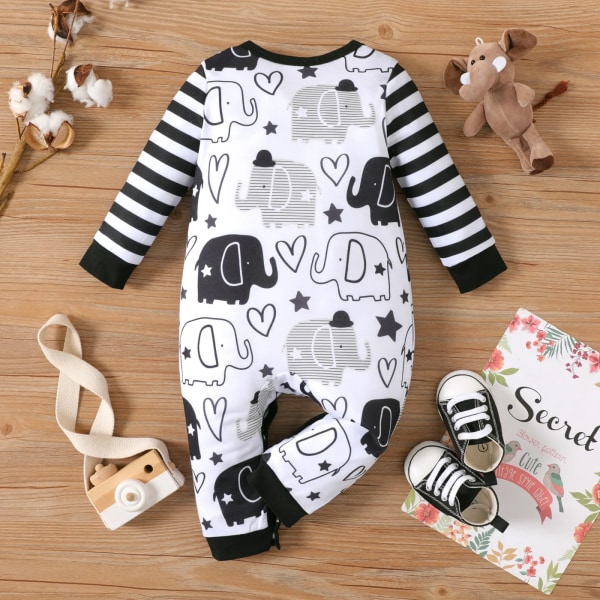 Baby Boy All Over Cartoon Elephant Print Randig Långärmad Jumpsuit Colorblock 12-18 Months