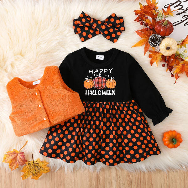 Halloween 3 st Baby Girl Långärmad brev- och print Splitsad prickig klänning och luddig väst med set Orange 3-6Months