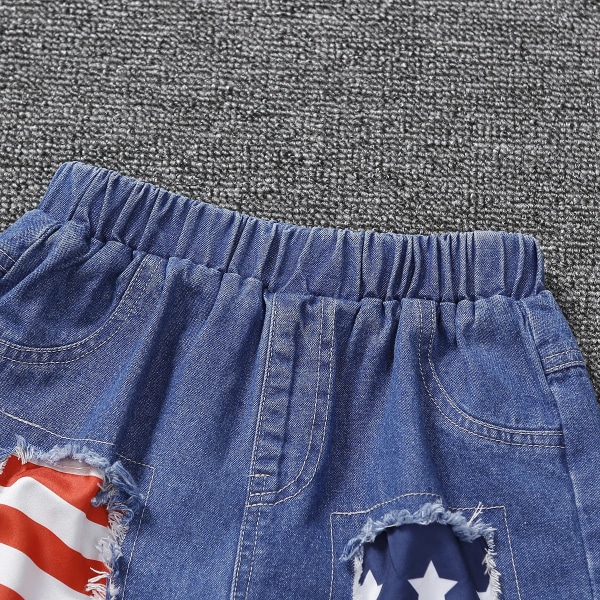 Independence Day 2st Toddler Print bomullslinne och set jeansshorts Black 3-4Years