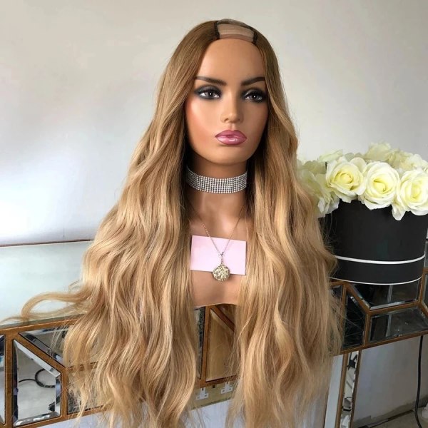 Ombre #4T27 Vågig peruk 1x4 U-del Människohår Peruker Blond Mellanöppet Uppåtriktad peruk för svarta kvinnor Brun 250 Densitet Remy Hair 1X4 U Part wig 10inches