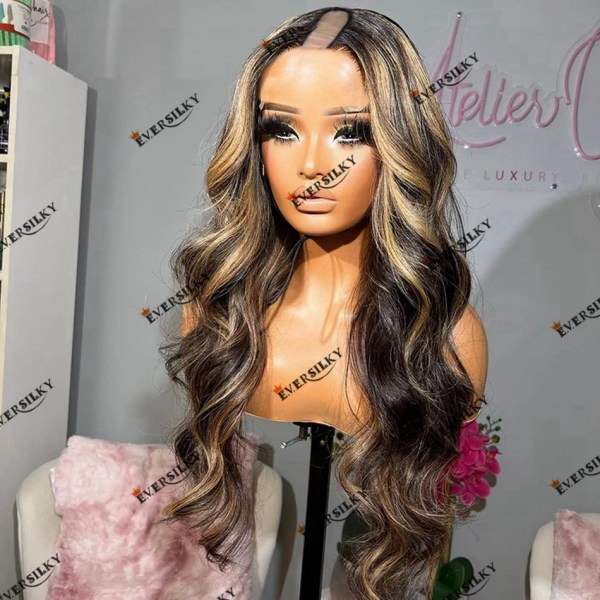 Limfri maskintillverkad U-del Människohår Highlight Blond Body Wave Kvinnor Peruk 180 Densitet Remy Brazilian V Part Peruk Lätt att bära 130density 18inches