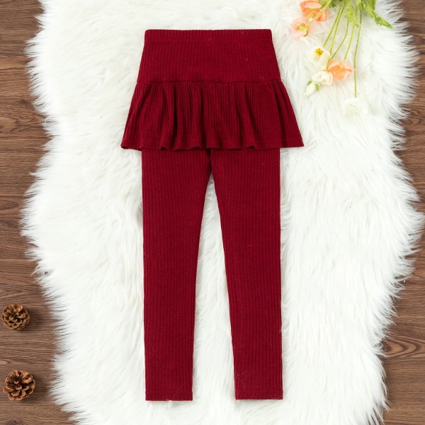 Kid Girl Ribbad volang enfärgad kjol Leggings Burgundy 4-5Years