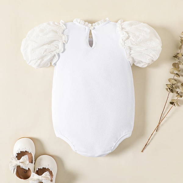 Baby Girl bomull brev broderad volang hals Puff-ärm Romper OffWhite 0-3Months