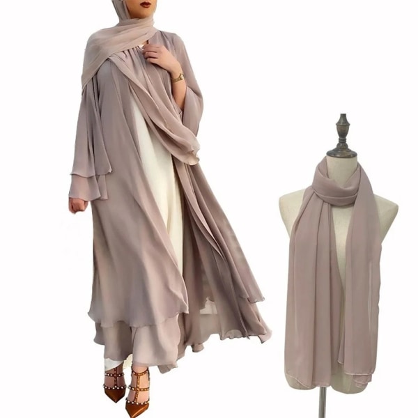 Ramadan Open Chiffong Abaya Dubai Kvinnor Sash Marocain Kaftan Eid Hijab Lång mantel Muslimsk mode Kläder Turkiet Vestido De Mujer Hijab-purple L
