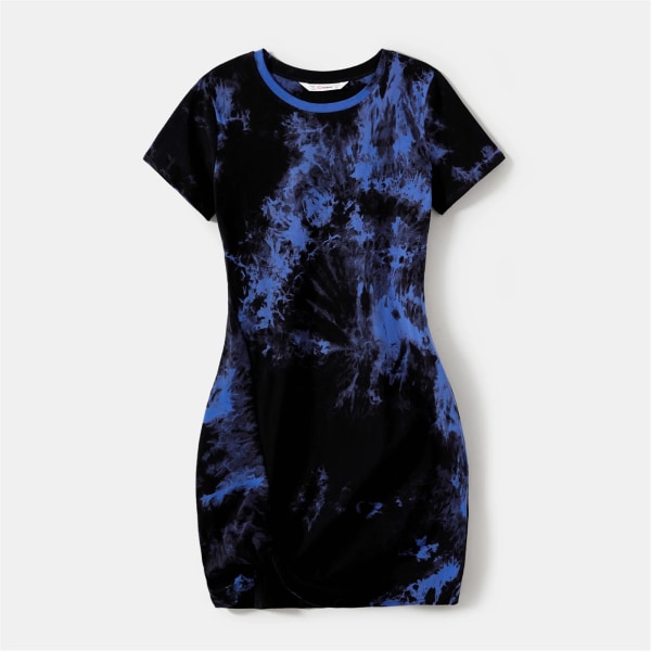 Familjematchande kläder 95 % bomull Kortärmad Tie Dye Twist Knot Bodycon Klänningar och T-shirt set Blue Men L