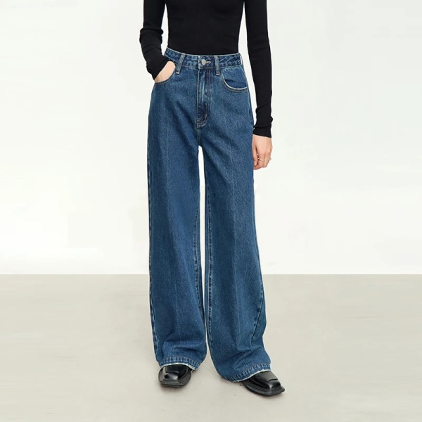 Minimalism Hong Kong Style Dam Jeans 2023 Höst Nya Retro Byxor med vida ben Tvättad bomull Raka byxor 12343162 blue S