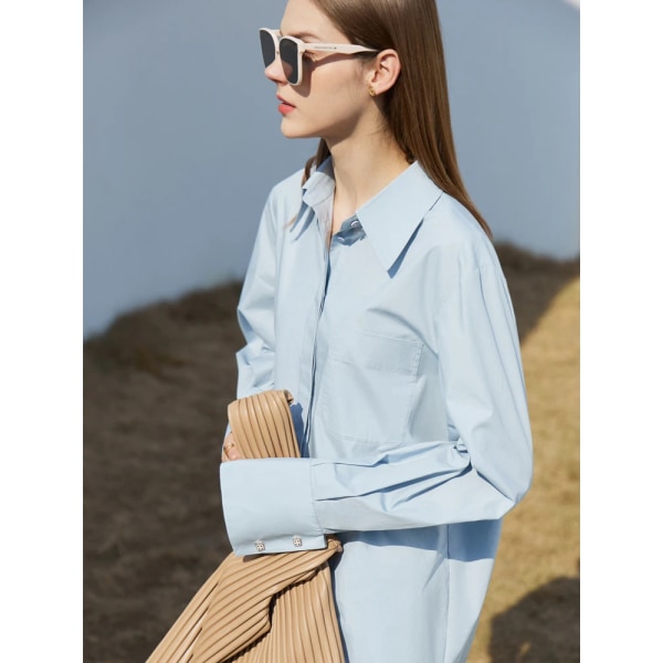 Minimalistiska skjortor Casual blus för kvinnor 2023 Våren Elegant Solid 100 % Bomull Kontors Damskjortor Kläder Toppar 12371499 Sky Blue M