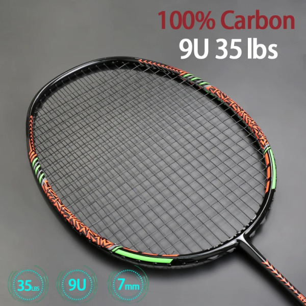 Superlätt 9U 58g Kolfiber Badmintonracket Tension 35LBS G5 Professionell träningsracket med snören Väskor Speed ​​Sports Orange-Green Face