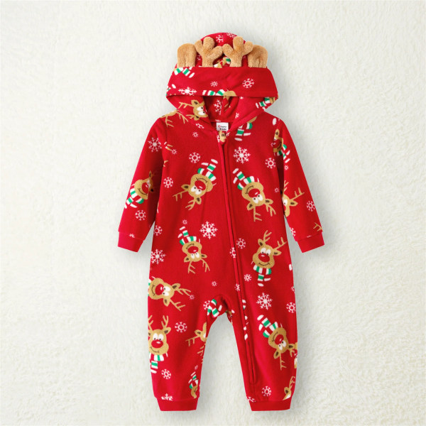 Julfamilj Matchande Allover Deer Print 3D Antler Hooded Långärmad Röd Förtjockad Polar Fleece Onesies Pyjamas Red-2 WomenXL