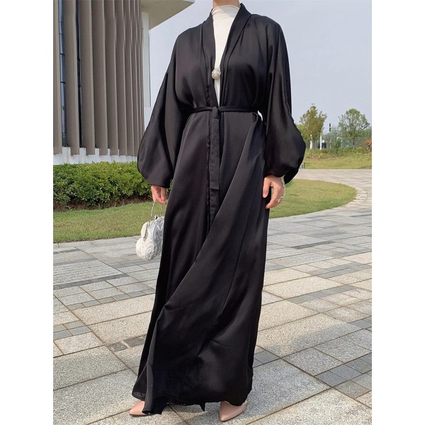 Eid Djellaba Abaya Dubai Glänsande mjuk manschett Ärmar Muslimsk klänning Silkeslen Kimono Dubai Turkiet Muslimsk klänning Islam Abayas Med Bälte WY56 Black 2 L