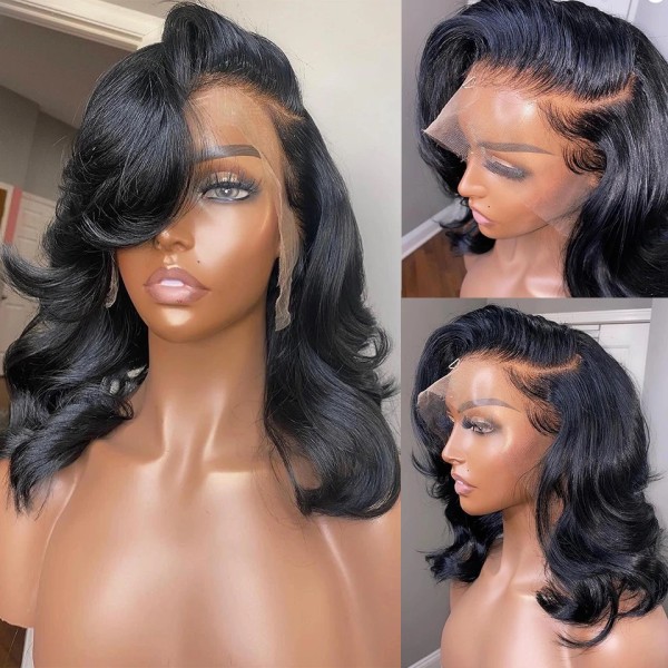 Body Wave Spets Front Människohår Peruker för kvinnor Kort Bob Peruk Brasilianskt vatten Vågigt främre människohår Peruker Förplockat hårfäste 5x1 Lace Wig 8inches