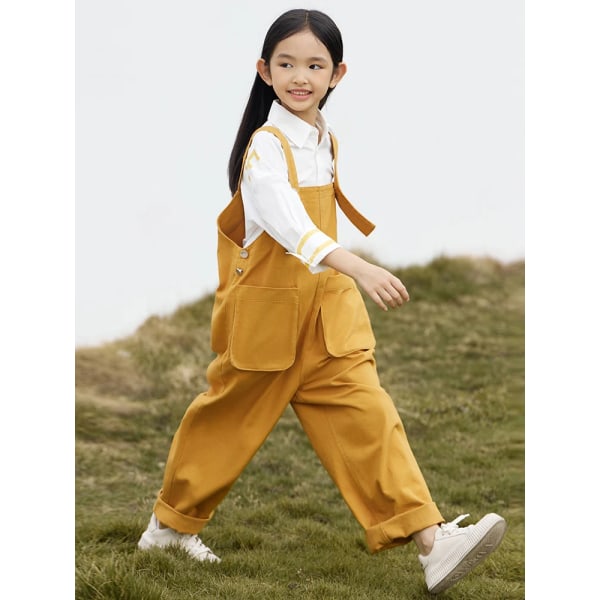 Barn Jumpsuit för flickor Vår bomull Casual 3-12 år Barn Mode Fickor lösa byxor 22341010 Yellow 110cm