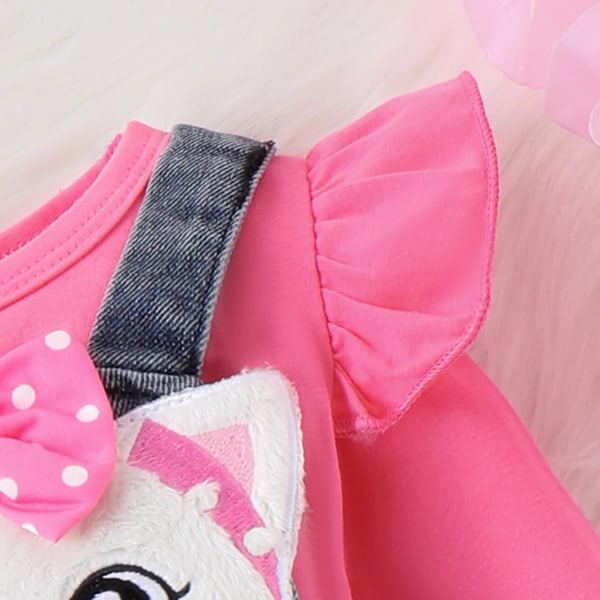 2st Baby Girls volang T-shirt och 3D Cat Animal print Jeans Overall Set HotPink 12-18Months