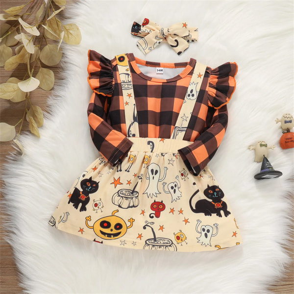 3st Halloween kostymer stil print volangdekor Långärmad orange baby halloween set Orange 12-18 Months