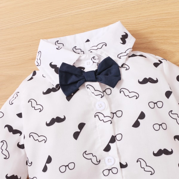 2st Baby Boy 95 % bomull Långärmad Gentleman Bowtie All Over Mustasch Print Romper and Solid Overall Set Navy 12-18 Months