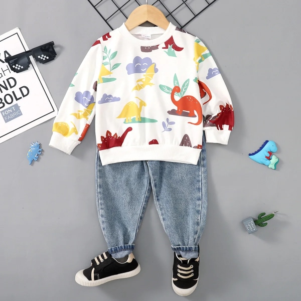 2st Toddler Boy Allover Dinosaur Print Långärmad T-shirt och 95 % bomullsfickor set White 3-4Years