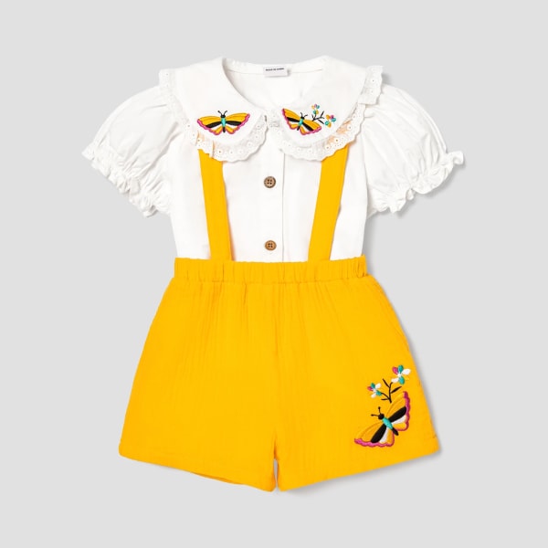 2st Baby Girl 100% bomull Blommor broderad volangkrage Puff-ärm topp och solid Crepe Suspender Shorts Set Yellow 12-18Months