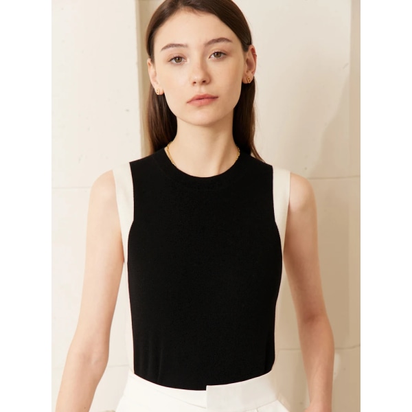 Minimalism Linne för Damkläder 2023 Sommar Rundhalsad Ärmlös Kontrastpanel Smal Ullstickad Crop Tops 12342410 White S