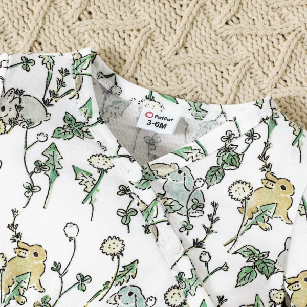 Baby Girl All Over Rabbit Print/Solid Ribbad V-hals Kortärmad Jumpsuit Colorblock 3Years