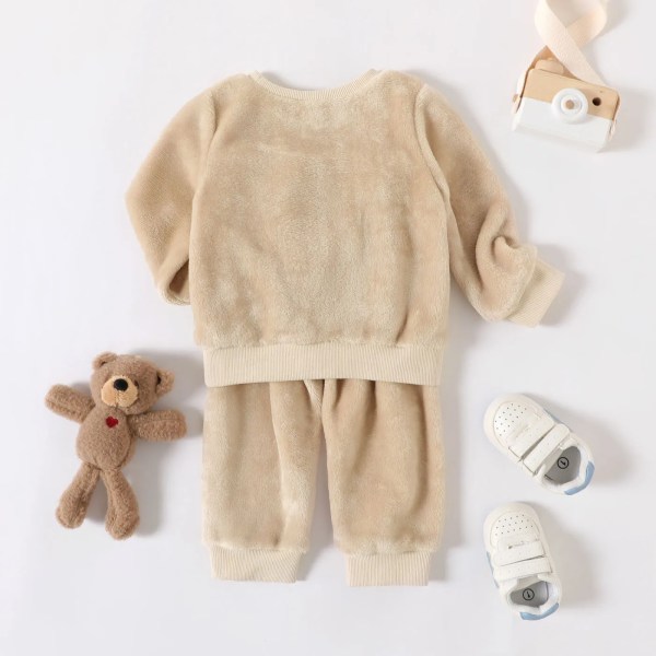 Kläder för baby pojke Sweatshirts New Born Babies Artiklar Uppstoppade björndetalj Långärmad Fuzzy Topp och byxor 2st Set Brown 12-18 Months