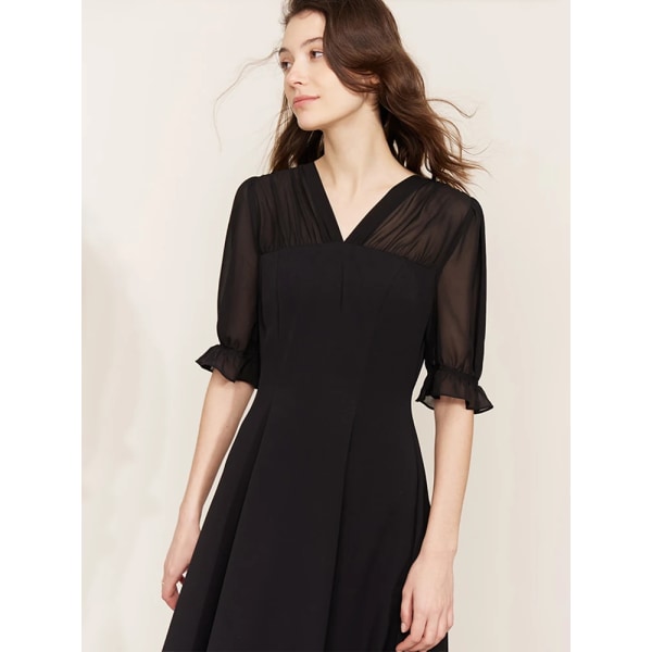 Minimalism Damklänning V-ringad Puffärmar Svart Solid Casual Vestido Chiffong 2023 Vår Nya Damklänningar 12322050 black XL