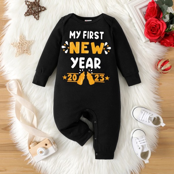 Nyår Nyfödd Baby Baby Jumpsuit Kläder Nyfödd Pojke Bodysuits i ett stycke Print Långärmad overall Black 6-9Months