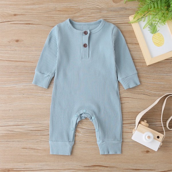 Baby pojke / flicka bomull stickad stil solid cardigan långärmad jumpsuit Light Blue 6-9 Months