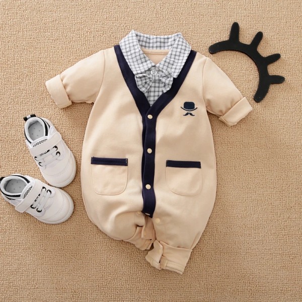 100 % bomull Rutad Lapel Bowtie Långärmad Faux-two Baby Jumpsuit Khaki 0-3 Months