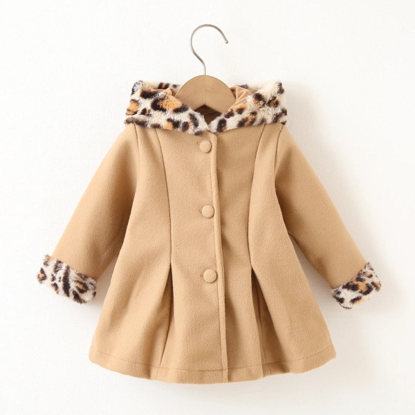 Baby Röd Långärmad Button Down Leopard Hooded Wool Blend Coat Khaki 6-9 Months