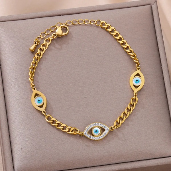 Evil Eye Armband För Kvinnor Guldpläterade Rostfritt Stål Turkish Eye Armband Lyx Bröllop Boho Smycken Present 19cm HJ364G-3-Anklet