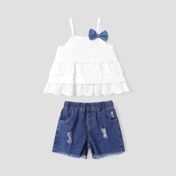 2st Toddler Girl Bowknot Design Schiffy Design Camisole och Ripped Denim Shorts Set White 3-4 Years