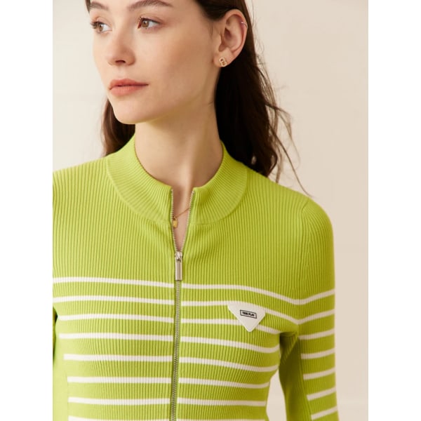 Minimalism stickad kofta för kvinnor 2023 vårnya dam kofta tvåvägs dragkedja Cropped cardigan randiga toppar 72341019 Green M