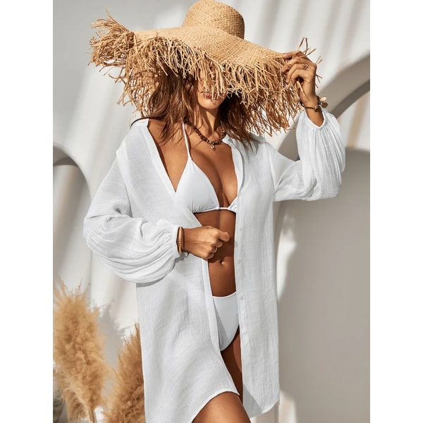 Vit Puff Långärmad Cover För Kvinna Lös Holiday Beach Tunika Skjortklänning 2023 Sommar Miniklänning Strandkläder CAA07B2D002CC L