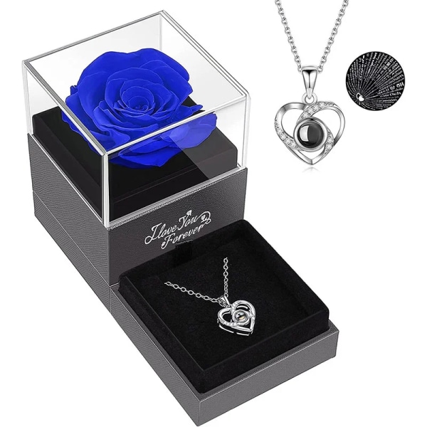 Mors dag Naturlig Eternal Rose Smyckeskrin 100 Språk Kärlek Halsband Konserverade Blommor Förslag Ring Case Smyckeskrin Presenter Blue