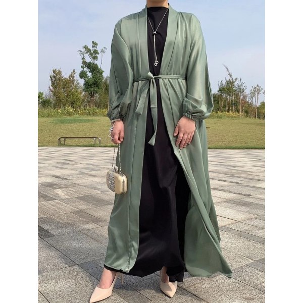 Eid Djellaba Abaya Dubai Glänsande mjuk manschett Ärmar Muslimsk klänning Silkeslen Kimono Dubai Turkiet Muslimsk klänning Islam Abayas Med Bälte WY56 Green with Scarf XL