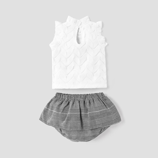 2st Baby Girl volanger krage Fladderärm spets t-shirt och pläda bowknot Design Shorts Set BlackandWhite 3-6 Months