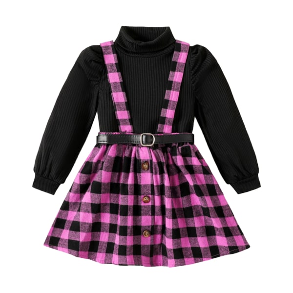 2ST Toddler Avantgarde Grid/Houndstooth Puff Sleeve Dress Set HotPink 2 Years