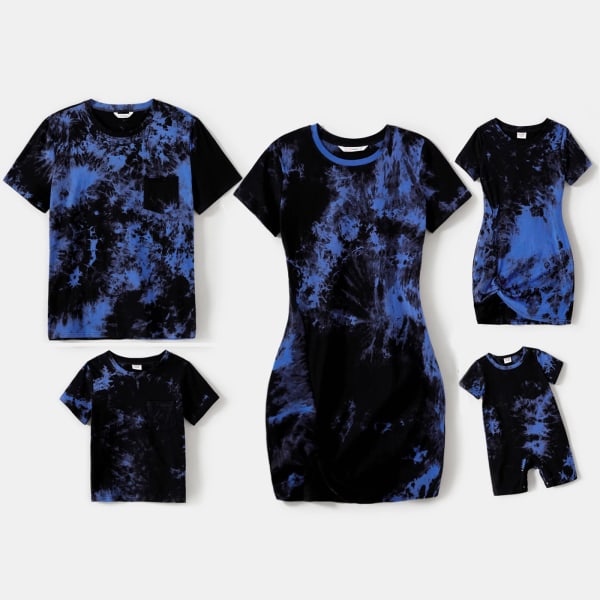 Familjematchande kläder 95 % bomull Kortärmad Tie Dye Twist Knot Bodycon Klänningar och T-shirt set Blue Women XL