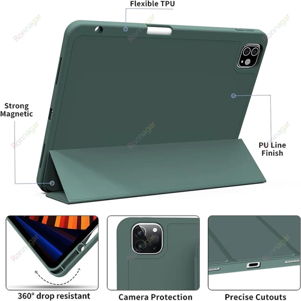 För ny iPad Pro 12,9 case 6:e/5:e/4:e generationens laddningspennhållare Cover Smart Case för iPad Pro 11 Case iPad Air 4 Air 5 iPad air 4 10.9 2020 Dark Green