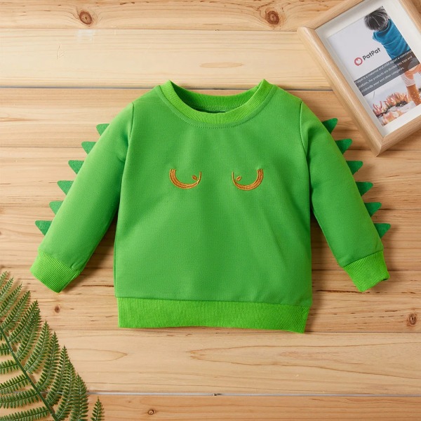 2020 Ny vår och höst Baby Toddler Elegant ögonbroderi Solid Dino Decor Pullover för barn Pojke Sweatshirts Kläder green 9-12 Months