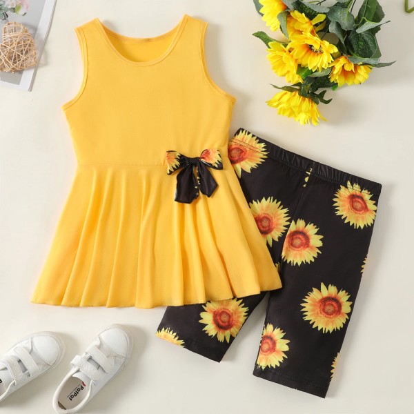 2st Kid Girl Bowknot Design Ärmlös t-shirt och print Leggings Shorts Set Yellow 5-6Years