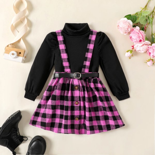 2ST Toddler Avantgarde Grid/Houndstooth Puff Sleeve Dress Set HotPink 2 Years