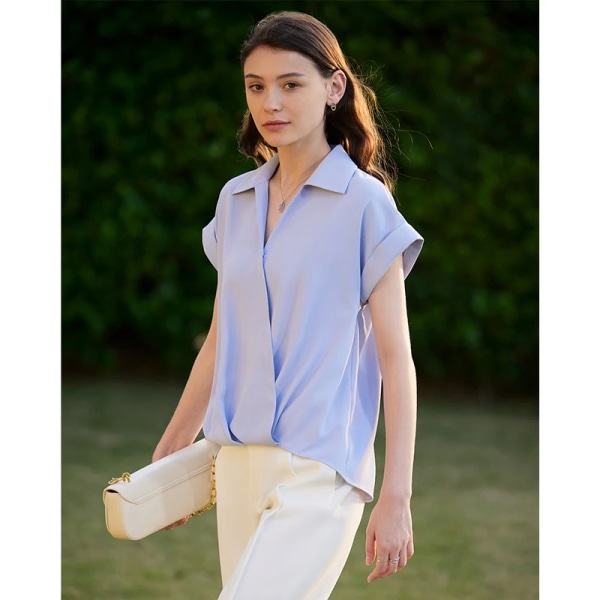 Minimalism Elegant kvinna blusar 2023 sommar chiffongskjortor Solid lös turndown krage V-ringad skjortor & blusar 12322035 blue XL