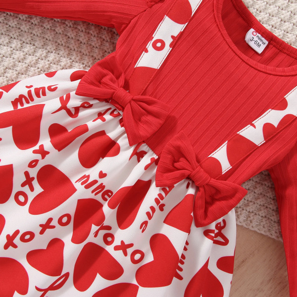 Alla hjärtans dag 2st Baby Girl Röd Ribbad volang Långärmad Klänning med Hjärta och Print med Set Red 6-9 Months