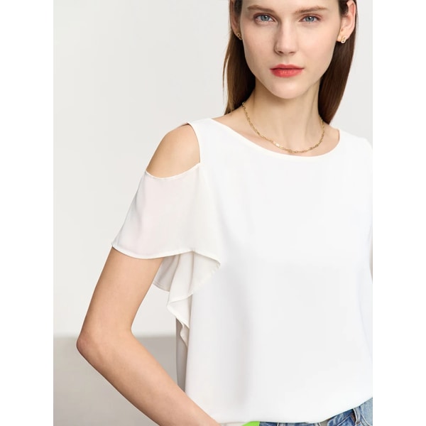 Minimalism Slash Neck Off Shoulder Skjortor & Blusar 2023 Sommar Ny Fjärilsärm Chiffong Fransk Damblus 12322079 white M