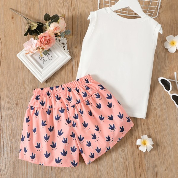 2st Kid Girl Bowknot Design ärmlös topp och allover Print Shorts Set Pink 11-12 Years