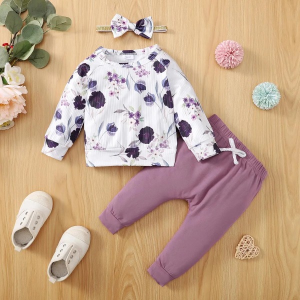 3st Baby Girl 95% bomullsbyxor och allover print Ribstickad långärmad tröja med set Multi-color 3-6Months