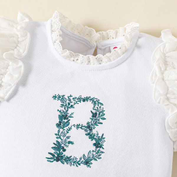 Baby Girl bomull brev broderad volang hals Puff-ärm Romper OffWhite 0-3Months